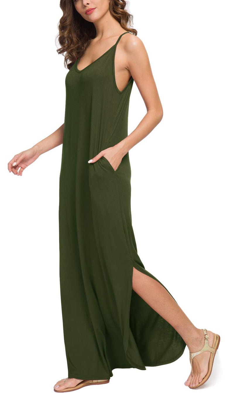 GRECERELLE Women's Summer Casual Plain Loose Beach Cover Up Long Maxi Dress with Pockets Army Green-X-Large - Image 2
